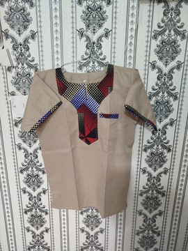 Beige Contemporary African Print Shirt – Men’s Cotton Top with Geometric Statement Neck Panel