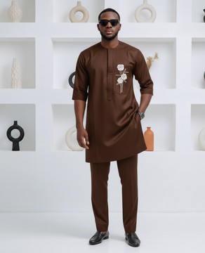 Premium Men's Senator Wear – Luxury 3-Quarter Chocolate Kaftan Set for Formal