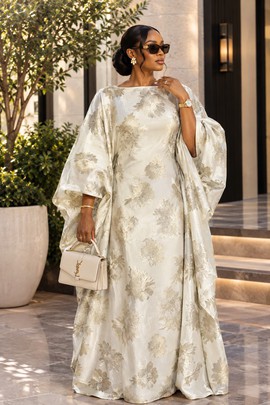 Women's Ivory &amp; Gold Floral Brocade Kaftan Maxi Dress – Elegant Flowing Cape Sleeve Gown