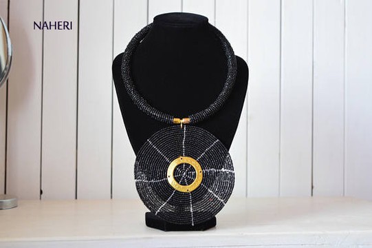 African black beaded necklace disc pendant with brass
