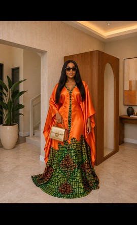 Women's Orange Satin &amp; Green Ankara Print Kaftan Gown – Colorblock V-Neck Maxi Dress