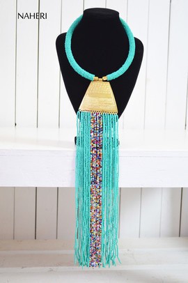 African beaded turquoise necklace | African Jewelry | Tribal fringe neck piece | Gift for her