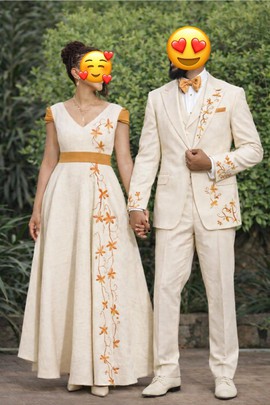 Couple/Ensemble brodées costumes 3 pièces Homme + 1 Robe femme/ BRODERIE MALAGASY/Madagascar