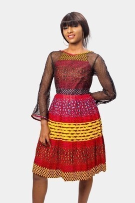 Ankara and Net Pleated Dress, African Print Pleated Dress