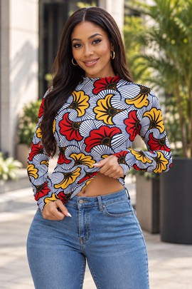 African Ankara Wedding Flower Print Women's Mesh Long Sleeve T-Shirt | Ankara Fashion | Bynelo