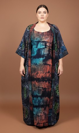 Robe longue maxi abstraite multicolore avec kimono assorti – Ensemble robe longue pour femme