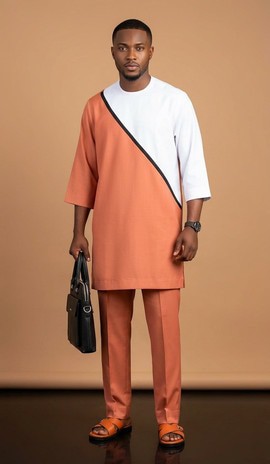 Ensemble deux-pièces sénateur asymétrique moderne terracotta et blanc pour homme
