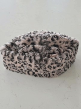 Plush Snow Leopard Print Kufi Cap – Faux Fur Fila Hat, Soft Animal Print Pillbox Cap