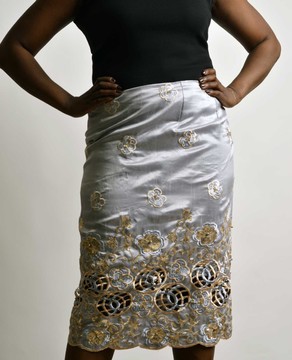 silver embroidered satin pencil skirt