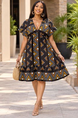 Robe kimono pour femme à imprimé géométrique bogolan, col V et manches courtes | Robe kimono africaine