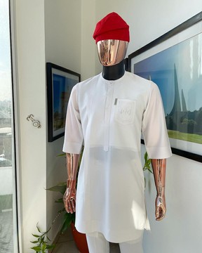 A White, front flap, triple ruffle pocket design &amp; Swarovski button details kaftan