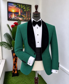 OKXEEL Costume de smoking en velours vert émeraude à revers châle