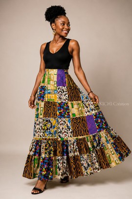 High-waisted wax patchwork maxi skirt