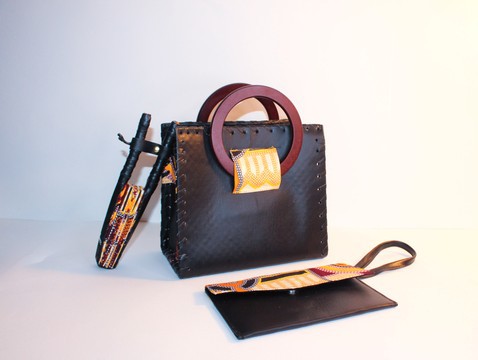 Black Vegan Leather Handbag with Wooden Handles &amp; Ankara Wax Print  with Wallet Co-ord Set