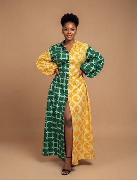Robe-chemise maxi à imprimé wax africain vert et jaune à blocs de couleur