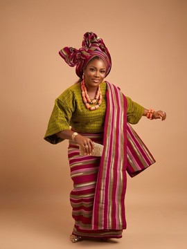 Women Nigerian Traditional Magenta &amp; Olive Green Aso-Oke Iro and Buba and Ipele and Auto Gele