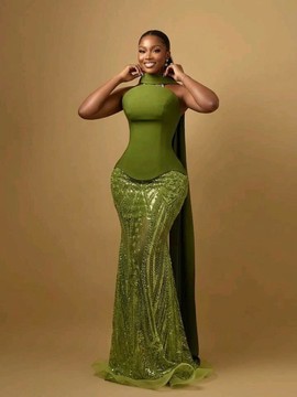 High-Neck Corseted Floor-Length Two Pieces with Sequin Detail and Flowing Cape