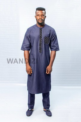 Blue Kaftan with Dotted Black Accents, African Men Clothing, African Mens Wear, African Wedding Men