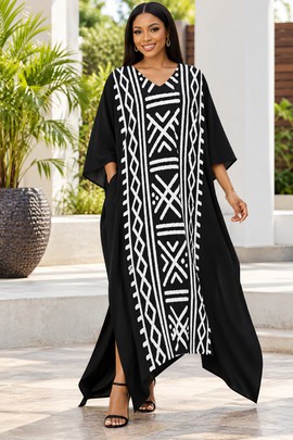 Robe midi à col en V et manches courtes pour femme en imprimé africain | Robe midi en imprimé africain | Bynelo