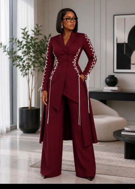 Ensemble tailleur femme bordeaux avec blazer à lacets et pantalon large – Ensemble deux pièces avec détail corset