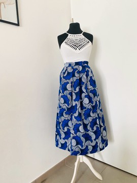 Wax midi skirt - wax high waist skirt - african fabric - blue wedding flowers - with pockets