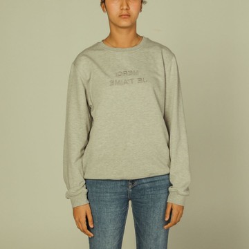 Sweat-shirt Loose Fit Gris Unisexe affirmations "Merci, Je T'aime" à Col Rond Et Détails En Wax