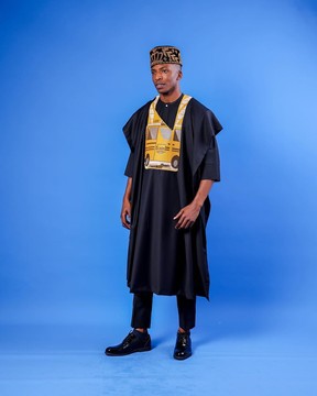 A Charcoal black, yellow danfo embroidery details agbada