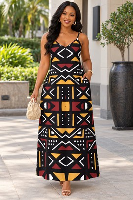 Robe longue élégante à col en V avec poches pour femme en bogolan tribal