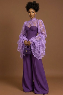 Purple long gown with lace net sleeves-Elegant lace