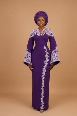 Regal Purple Handwoven Aso-Oke Long Gown with Matching Gele