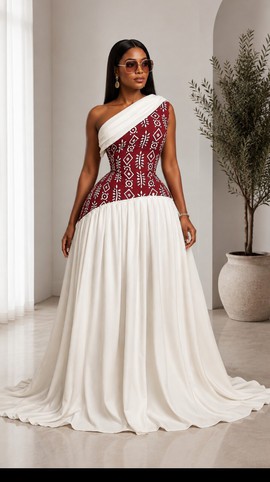 Robe de bal Ankara blanche et bordeaux à une épaule pour femme – Robe de soirée fluide en crêpe avec corsage imprimé