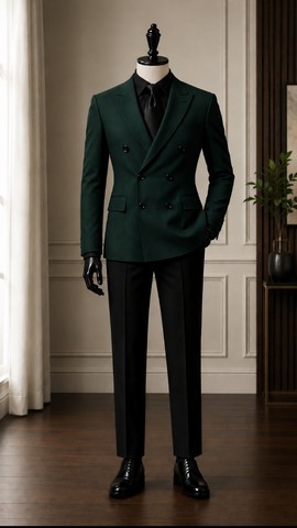 Men's Dark Green Double-Breasted Blazer with Black Shirt and Trousers – Formal Suit Set
