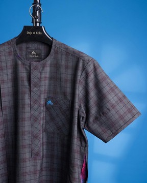 An ash &amp; burgundy jorgecarli check, front flap, short sleeve African senator kaftan native.