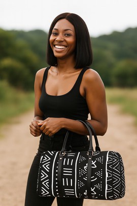 African Travel Bag Leather Mud Cloth Print Black &amp; White