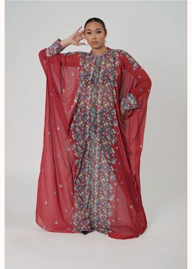Elegant Red Floral Oversized Kaftan Maxi Dress