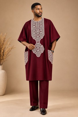 Ensemble caftan et pantalon bordeaux brodé pour homme