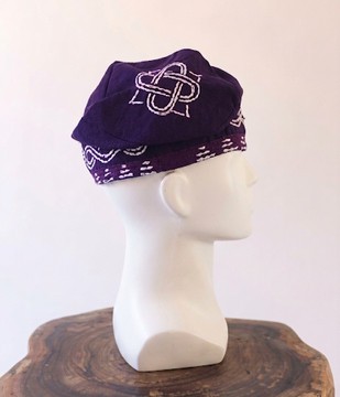 Handcrafted Aso-Oke Kufi Cap – Deep Purple with White Embroidery