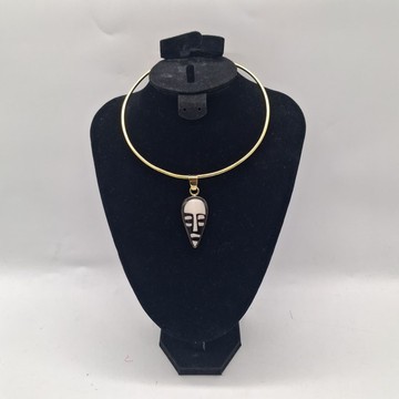 Maasai Handmade Brass Collar Choker, African Mask Bone Pendant