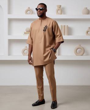 Senator Suit for Men - Modern Tan African Attire with Black Leaf Embroidery