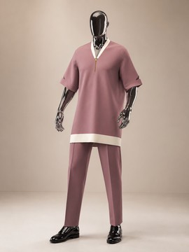 Tenue sénatoriale pour homme rose poudré avec bordures blanches et col zippé – Ensemble traditionnel 2 pièces