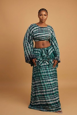 Adire Two-Piece Maxi Set with Dramatic Kimono Sleeves for Resort wear, Beachside dinners