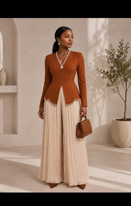 Ensemble composé d’un haut péplum marron rouille orné de perles et d’un pantalon plissé crème à jambes larges pour femme