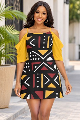 Robe camisole bogolan tribale en coton pour femme, épaules dénudées | Mode afrocentrique | Bynelo
