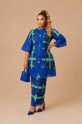 Ankara Lace Trim 3-Piece Suit Set with Tassel Tie Blouse, Pencil Midi Skirt &amp; Top