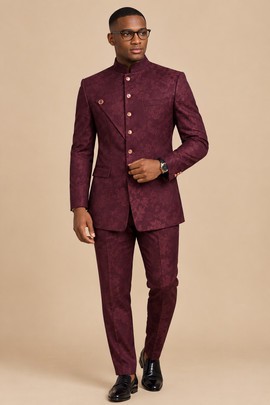 Ensemble de costume jacquard bordeaux pour homme avec col mandarin