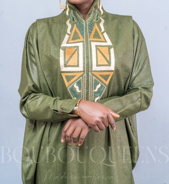 African Boubou dress for women "Kolokan" Olive Green in glazed linen — With headscarf