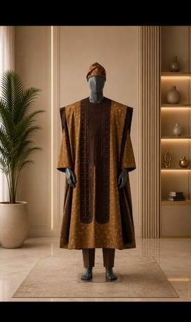 Agbada imprimé moutarde pour homme avec empiècement marron texturé contrastant – Ensemble traditionnel nigérian trois pièces