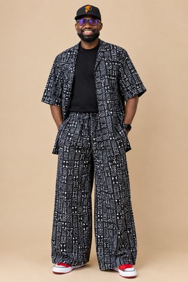 Men’s Black African Print Two-Piece Shirt and Wide-Leg Trousers Set