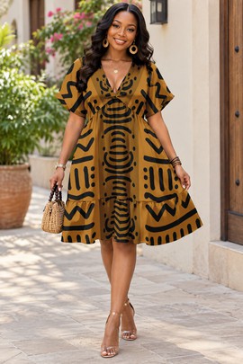 Robe kimono à col en V et manches courtes pour femme à motif Kuba | Robe à imprimé Kuba africain