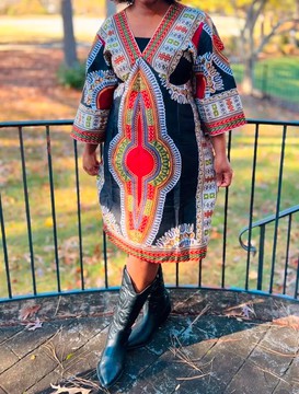 Black African Print Ankara Multicolor V-Neck Midi Dashiki Dress
